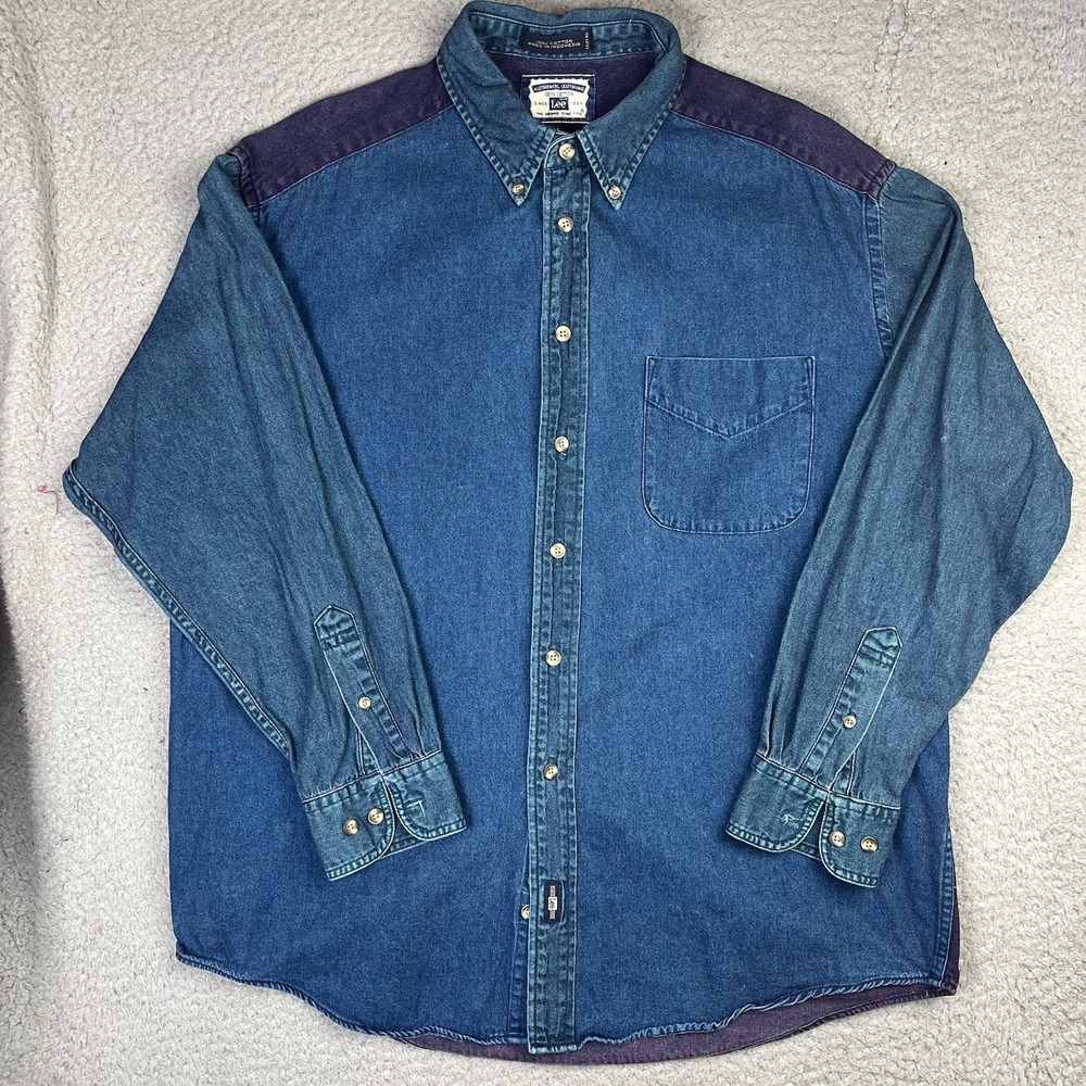 Vintage 90s LEE Denim Long Sleeve Button Down Shirt 3 Color Block Sz Large